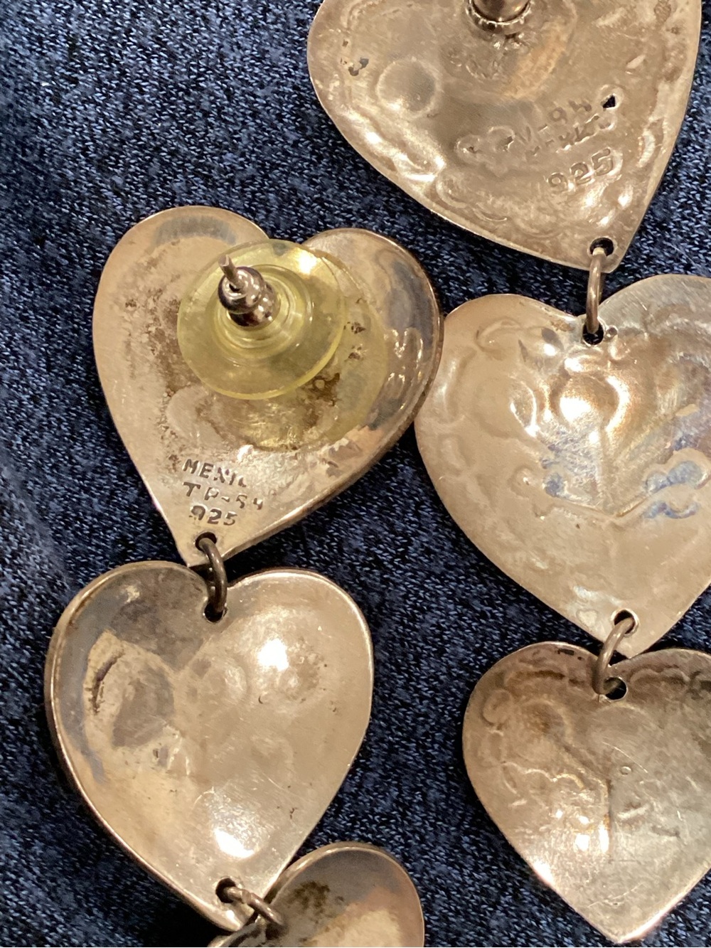 VTG 925 TAXCO Sterling Silver Graduated Triple Heart Earrings W T/Stamp - Picture 11 of 12